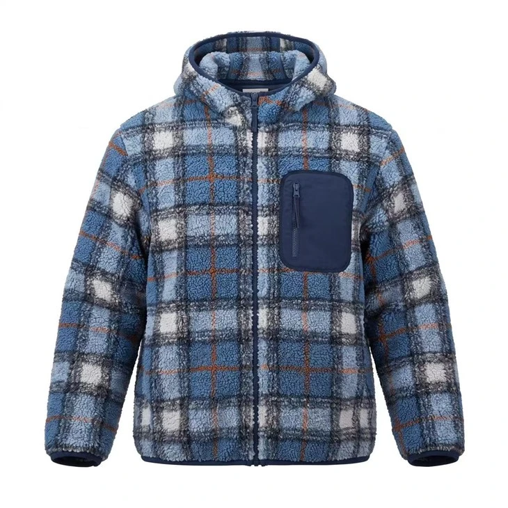 Yarn-Dyed Plaid Teddy Sherpa Hooded Puv-Zip Jacket